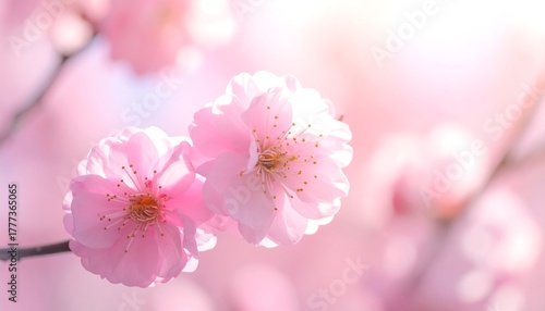 Pink blossoms, soft focus, in sunlight. Delicately hued petals and blurred bokeh background, serene floral close-up view