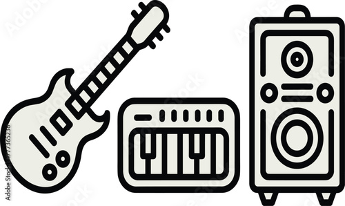 Music Instruments and Audio Gear Vector Set - Electric Guitar, Synthesizer, and Speaker - Live Concert Icons