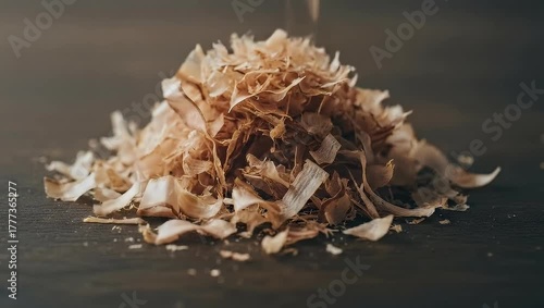Katsuobushi Flakes Pile: Dried Bonito Shavings on Dark Wood Surface for Japanese Cuisine