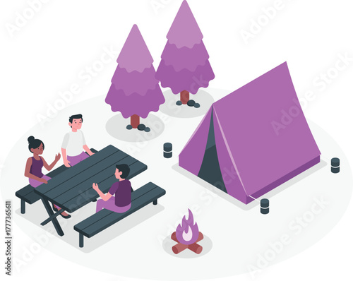 People at a campsite with tent and picnic table camping campfire