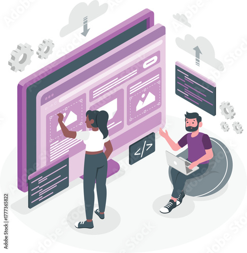 People designing website interface on large screen with code Keywords: web design, website