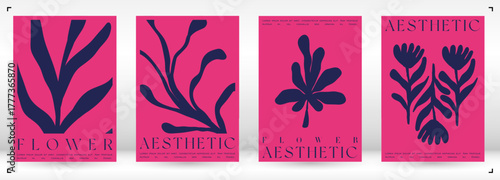 Trendy Groovy Vector Illustration Set in Matisse style. Contemporary Collage Botanical Minimalist Wall Art Print. Plants, flowers and leaves in hand drawn style.