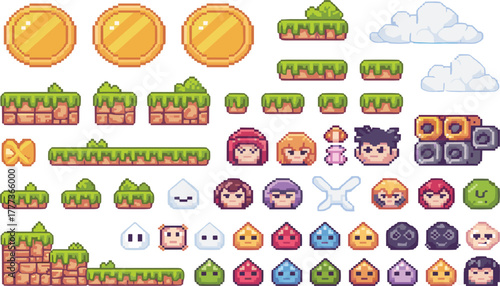 Pixel Art Game Assets Vector Set - Retro Platformer Elements, Coins, Tiles, and Character Sprites