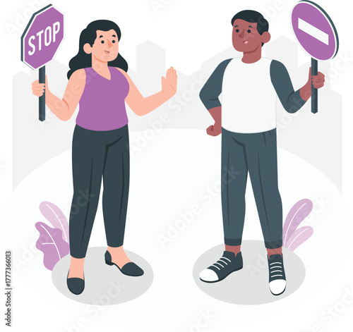 People holding stop and prohibition signs warning