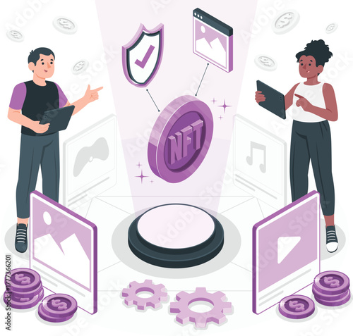 People interacting with NFT technology and digital assets non-fungible token cryptocurrency