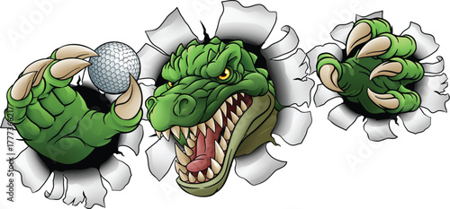 A crocodile, dinosaur or alligator lizard sports mascot holding a golf ball