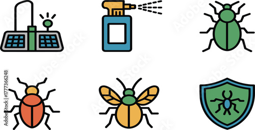 Pest Control and Insect Protection Vector Icon Set - Sprayer, Bugs, and Shield - Extermination Service Symbols