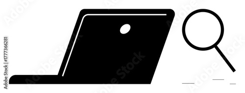 Laptop and magnifying glass emphasizing online search, research, analysis, investigation. Ideal for education, technology, data analysis, problem-solving, market research exploration simple flat