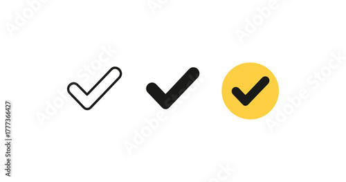 Check mark icons set: outline, solid, and colored designs
