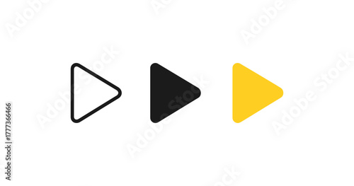 Set of play button icons in outline, solid, and color fill styles for media player controls