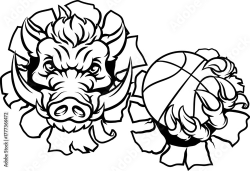 A wild boar, hog razorback warthog pig mean tough cartoon sports mascot holding a basketball ball