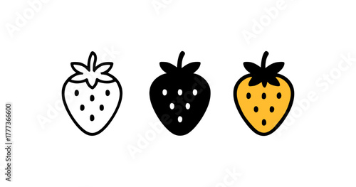 Minimalist strawberry icons in monochrome and color variations