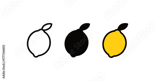 Minimalist lemon design in trio: line, silhouette, and flat color styles