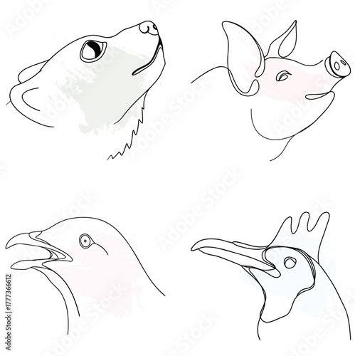 Single Line Drawings Wolf Pig Dove Penguin Heads Keywords: wolf, pig, dove, continuous line art bundle