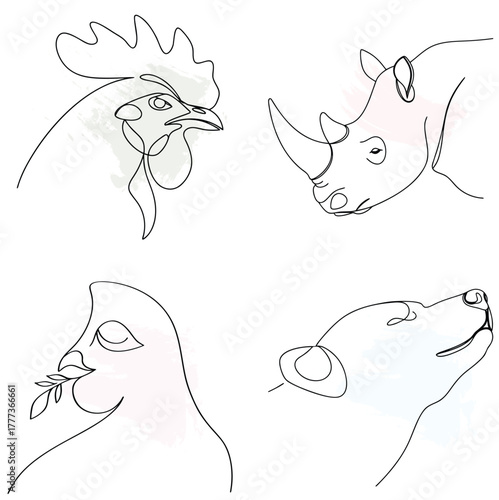 Single Line Drawings Rooster Rhinoceros Dove Bear Heads Keywords: rooster, continuous line art bundle