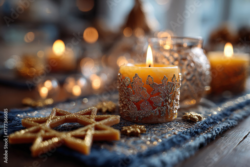 A close-up of a decorative candle burning on a festively decorated table against a golden bokeh background.