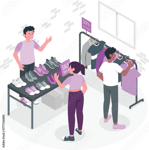 People shopping for shoes and clothes on sale discount