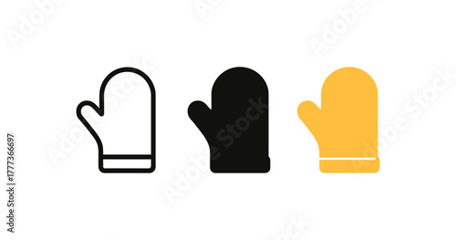 Minimalist winter mitten icons in outline, solid, and flat styles