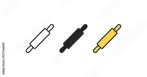 Minimalist rolling pin icons: line, solid, and color variations for kitchen designs