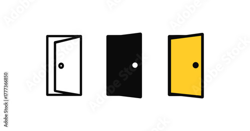 Minimalist door icons: open, closed, yellow accent in simple design