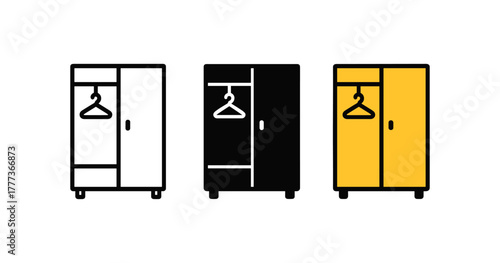 Minimalist wardrobe icons in black, white, and yellow with hanger symbols
