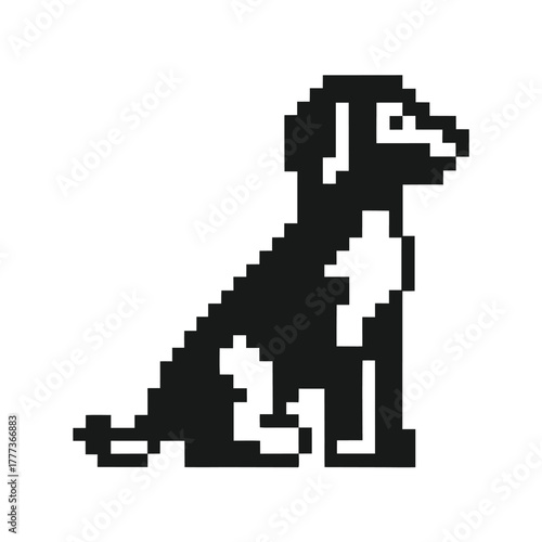 Pixel Art Style Dog Sitting Sideways with White Details on White Background