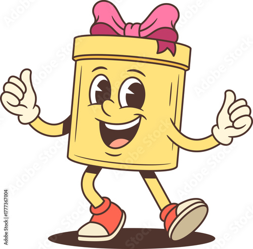 Friendly cartoon gift box character mascot giving thumbs up gesture with smile. Positive vector illustration for advertising promotion endorsement seasonal sale. Cheerful comic art design