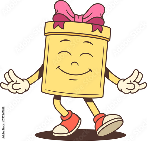 Delighted cartoon gift box character mascot squeezing eyes shut with pure joy and pink bow. Happy vector illustration for advertising promotion celebration positive emotion. Cheerful comic style