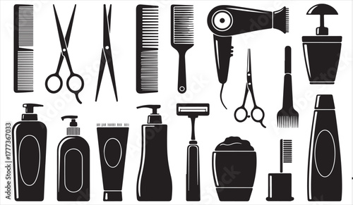 Hair salon equipment silhouette set with beauty tools and accessories
