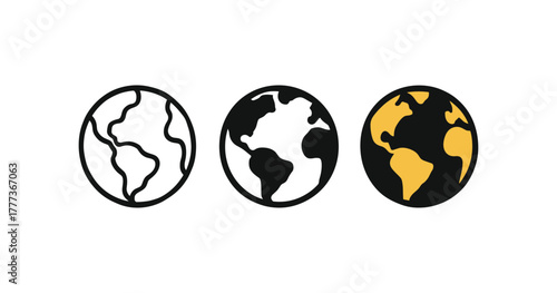 Minimalist earth icons set with abstract continent designs in monochrome and yellow