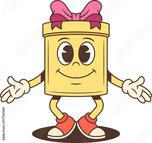 Friendly yellow cartoon gift box character spreading arms in welcoming gesture. Cheerful mascot vector illustration with pink bow for greeting cards and advertising campaigns