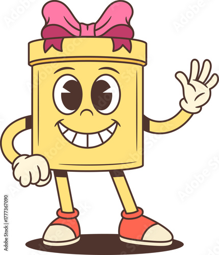 Joyful cartoon gift box character mascot vector illustration. Waving with pink bow. Perfect for advertising mascot, festive promotion, holiday emoji, birthday greeting and loyalty program