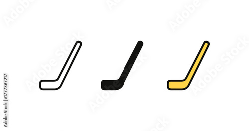 Minimalist hockey stick icons in three styles: outline, solid, colored