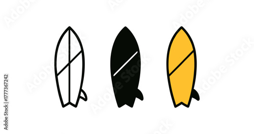 Modern surfboard icons set in minimalist design with bold colors and outlines