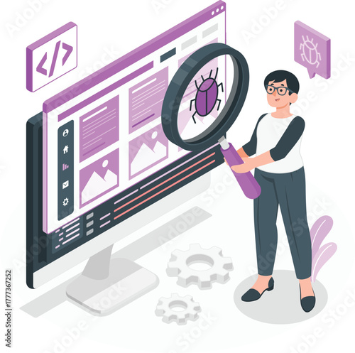 Person debugging code on a computer screen with magnifying glass coding programming