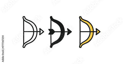 Minimalist linear bow and arrow icons in black and gold variations