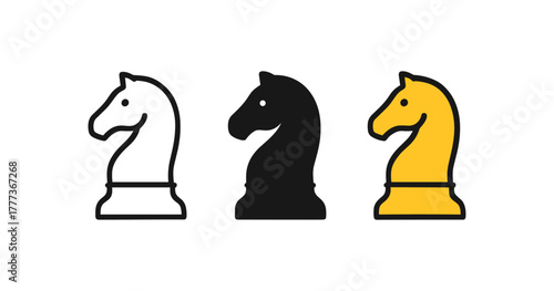 Colorful chess knight icons: three minimalistic horse silhouettes in black, white, and gold