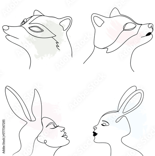 Minimalist Line Art Fox Raccoon Woman Rabbit Watercolor Splashes animal wildlife continuous line art bundle