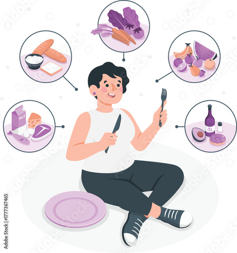 Person contemplating diverse food options with fork and knife eating variety