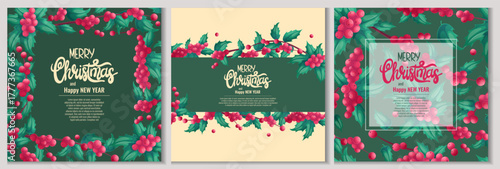 A set of colorful backgrounds for an invitation or greeting card for Christmas and new year. The traditional Christmas holly plant. Isolated vector illustration