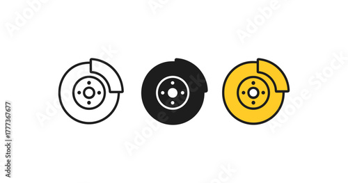 Minimalist brake disc icons in yellow, black, and white