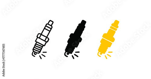 Three spark plug icons in monochrome and yellow with outline design