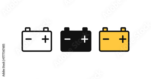 Minimalist battery icon set with monoline design in black, white, and yellow