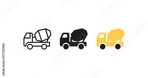 Set of cement mixer truck icons in minimalistic outline, solid, and color styles