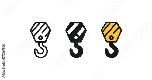 Industrial hook icons in outline and color variations for construction and engineering