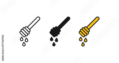 Honey dripper icon set featuring linear, silhouette, and flat designs