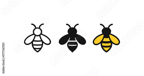 Minimalist bee icons in black and yellow outlines for nature-themed designs