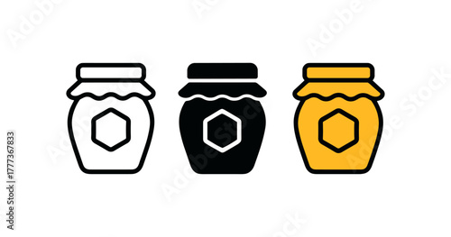 Set of line art jam jar icons in black, white, and yellow