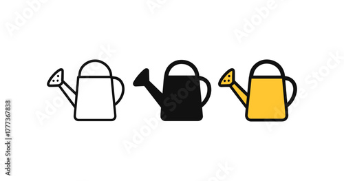 Set of watering can icons in outline, solid, and flat styles