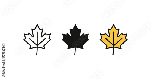 Minimalist autumn leaf icons: simple outline and filled designs in black and yellow